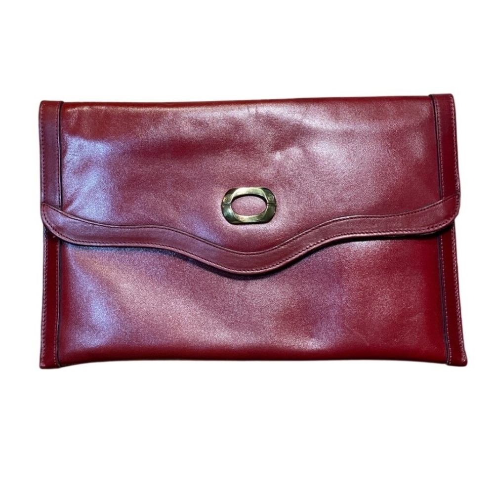 Elegant‎ Burgundy Etienne Aigner Leather Clutch Handbag with Gold Oval Accent
